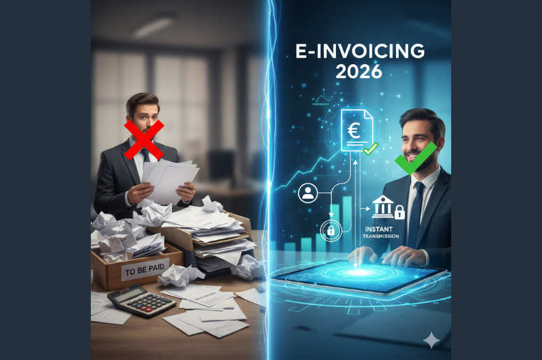 An split screen image showing two business owners. on the left is a business owner surrounded by papers with a red cross. On the right is another business man with electronic invoicing system in place with a green tick.